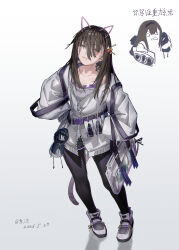  1girl absurdres animal_ears arknights black_pantyhose blush brown_hair character_doll charm_(object) chinese_commentary chinese_text commentary_request dated doctor_(arknights) doll flat_chest full_body hair_ornament hair_over_eyes half-closed_eyes highres jacket long_sleeves messy_hair pantyhose priestess_(arknights) shadow shoes simple_background smile solo standing translation_request violet_eyes white_background white_jacket white_shoes yima_(power222222) 