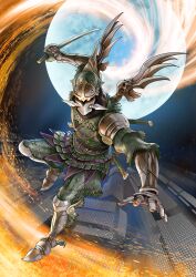  1boy absurdres armor armored_boots boots building commentary_request commission falling fire from_below full_moon gauntlets green_pants green_tunic highres holding holding_sword holding_weapon katana kirikage looking_at_viewer mahou_sentai_magiranger male_focus mask metal_wings misogram moon mouth_mask night ninja pants pauldrons pixiv_commission sheath sheathed short_sword shoulder_armor skyscraper solo spikes super_sentai sword tunic unsheathed weapon worm's_eye_view 