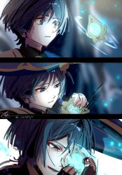  1boy anemo_symbol_(genshin_impact) aqua_gem black_bodysuit black_hair blue_hat blue_jingasa blunt_ends blurry blurry_background bodysuit commentary_request eyeliner floating floating_object gem genshin_impact gold grey_eyes hair_between_eyes hat highres holding innagaja japanese_clothes jingasa kimono korean_commentary looking_at_object makeup male_focus open_mouth parted_lips red_eyeliner scaramouche_(genshin_impact) sequential solo tearing_up tears tsurime twitter_username wanderer_(genshin_impact) white_kimono wide-eyed wolf_cut 