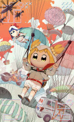  2girls :3 aircraft blue_hair bow clouds falling flight_suit hair_ornament hair_scrunchie helicopter highres long_hair motor_vehicle multiple_girls parachute pipimi poptepipic popuko red_bow rushi_(mousang) scrunchie short_twintails sky skydive twintails van yellow_scrunchie 
