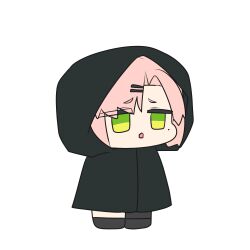  1girl akaoni_(zumt3548) alternate_costume black_coat black_shoes coat commentary_request full_body green_eyes hair_ornament hairclip hood mole mole_under_eye nicole_demara open_mouth pink_hair shoes simple_background solo white_background zenless_zone_zero 