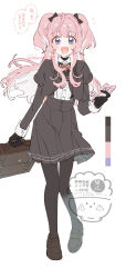  1girl :d black_bow black_gloves black_jacket black_pantyhose black_skirt blue_eyes bow cellphone collared_shirt color_guide colored_inner_hair colored_speech_bubble commentary gloves hair_bow highres holding holding_phone ichigomiya_hane_(raru_buran) iphone jacket juliet_sleeves long_sleeves looking_at_viewer miniskirt multicolored_hair open_mouth original pantyhose phone pink_hair pleated_skirt puffy_sleeves raru_buran school_uniform shirt skirt smartphone smartphone_case smile solo speech_bubble streaked_hair watermark white_hair white_shirt white_streaks 