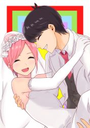  1boy 1girl :d ^_^ absurdres antenna_hair bare_shoulders black_hair blush border bow bridal_veil carrying closed_eyes collared_shirt commentary_request couple cowboy_shot dress dress_shirt elbow_gloves eyebrows_hidden_by_hair flower gloves go-toubun_no_hanayome grin hair_bun hair_flower hair_ornament hand_on_another's_shoulder happy hetero highres husband_and_wife jacket kouta(34765766) long_dress nakano_ichika necktie open_clothes open_jacket open_mouth outside_border parted_bangs pink_hair princess_carry profile red_necktie rose shirt short_hair simple_background single_hair_bun sleeve_bow smile strapless strapless_dress suit suit_jacket swept_bangs uesugi_fuutarou veil wedding wedding_dress white_border white_bow white_dress white_flower white_gloves white_jacket white_rose white_shirt white_suit white_veil 