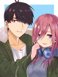  1boy 1girl :d absurdres antenna_hair black_hair blue_background blue_eyes blush border breasts brown_hair clenched_hand coat collarbone commentary_request eyebrows_hidden_by_hair eyelashes fur-trimmed_coat fur_trim go-toubun_no_hanayome green_coat grey_sweater grin hair_between_eyes hand_up headphones headphones_around_neck highres kouta(34765766) large_breasts long_hair long_hair_between_eyes long_sleeves looking_at_viewer nakano_miku nose open_clothes open_coat open_mouth outside_border ribbed_sweater shirt short_hair simple_background smile sweater swept_bangs thick_eyebrows tsurime turtleneck turtleneck_sweater uesugi_fuutarou upper_body white_border white_shirt wide-eyed winter_clothes 