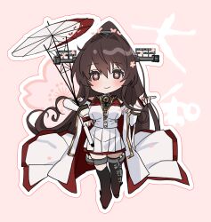  1girl boots breasts brown_eyes brown_hair cherry_blossoms chibi coat collar commentary_request flower flower-shaped_pupils gradient_boots hair_between_eyes hair_flower hair_intakes hair_ornament headgear highres holding holding_umbrella ichimonme_(ichi) kantai_collection knee_boots large_breasts long_coat long_hair long_sleeves looking_at_viewer metal_collar oil-paper_umbrella pleated_skirt ponytail red_umbrella sakuramon single_knee_boot single_thigh_boot skirt sleeveless sleeveless_coat smile solo symbol-shaped_pupils thigh_boots umbrella very_long_hair white_skirt white_umbrella yamato_(kancolle) yamato_kai_ni_(kancolle) 