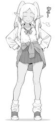  1girl bow bowtie closed_eyes clothes_around_waist commentary_request earrings frieren full_body gyaru hands_on_own_hips henyaan_(oreizm) highres jewelry long_sleeves loose_bowtie loose_socks pleated_skirt pointy_ears puff_of_air school_uniform simple_background skirt smile socks solo sousou_no_frieren sweater sweater_around_waist tan twintails white_background 
