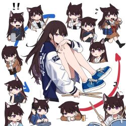  ! !! 1girl alternate_costume animal_ears arrow_(symbol) bag bang_dream! bang_dream!_it's_mygo!!!!! black_shirt blue_jacket blue_shoes bow brown_hair brown_shirt brown_skirt cat_ears chibi coffee_pot collarbone collared_shirt cup drink_carton drum drum_set drumsticks earrings flying_sweatdrops grey_shorts hair_behind_ear hanasakigawa_school_uniform happy_birthday headphones holding holding_cup holding_drumsticks instrument jacket jewelry juice_box keyboard_(instrument) letterman_jacket long_hair looking_at_viewer mole mole_under_eye multicolored_jacket multiple_views open_clothes open_shirt rankaku red_bow sailor_collar school_uniform shiina_taki shirt shoelaces shoes shorts shoulder_bag skirt solo two-tone_jacket violet_eyes white_background white_sailor_collar white_shirt white_sleeves 