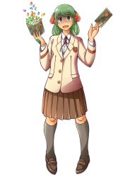  1girl blazer blue_flower bombom book brown_skirt card earth_mage_(housamo) flower green_eyes green_hair grey_socks hair_flower hair_ornament holding holding_book holding_card jacket official_art open_mouth orange_flower petals pink_flower pleated_skirt purple_flower school_uniform shaded_face skirt smile socks solo spell_card third-party_source tokyo_afterschool_summoners transparent_background 