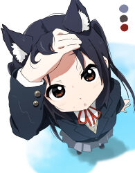  1girl absurdres adjusting_hair animal_ear_fluff animal_ears aoi_bara black_hair blazer blue_jacket brown_eyes cat_ears color_guide commentary foreshortening from_above full_body grey_skirt hair_lift hand_in_own_hair hand_on_own_forehead highres jacket k-on! kemonomimi_mode light_blush long_hair long_sleeves looking_at_viewer looking_up nakano_azusa neck_ribbon open_mouth perspective pleated_skirt red_ribbon ribbon sakuragaoka_high_school_uniform school_uniform shirt sidelocks skirt solo standing sweat twintails white_background white_shirt 