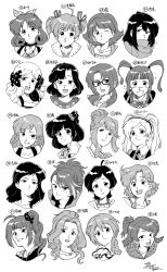  6+girls absurdres ahoge baaang_joe baba_konomi black_hair collarbone emily_stewart glasses greyscale hair_intakes hair_ornament hakozaki_serika handa_roco highres idolmaster idolmaster_million_live! kinoshita_hinata kitazawa_shiho kousaka_umi long_hair maihama_ayumu matsuda_arisa medium_hair mochizuki_anna monochrome multiple_girls nakatani_iku nanao_yuriko nikaido_chizuru nonohara_akane ogami_tamaki ponytail portrait ribbon short_hair takayama_sayoko tenkubashi_tomoka twintails white_background yabuki_kana yokoyama_nao 