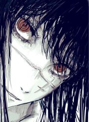  1girl @_@ black_hair chainsaw_man close-up commentary_request light_smile long_hair looking_at_viewer messy_hair red_eyes s0lid_line scar scar_on_cheek scar_on_face scar_on_nose solo very_long_hair wispy_bangs yoru_(chainsaw_man) 