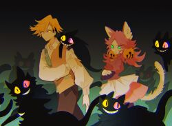  1boy 1girl aislan angry animal_ears animal_on_shoulder annoyed bell_ear_ornament blonde_hair brown_pants cat cat_ears cat_girl cat_on_shoulder cat_tail colored_sclera commentary deltarune dress flowery_(deltarune) friend_(deltarune) gloves gradient_background green_eyes green_vest grid_teeth grin heart heart_necklace heterochromia jewelry mad_mew_mew necklace orange_vest own_hands_together pants pink_dress pink_eyes pink_hair shirt smile sweatdrop tail too_many too_many_cats untranslatable_commentary utdr_(toby_fox) vest walking white_gloves white_shirt yellow_eyes 