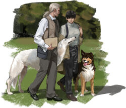  1boy 1girl absurdres anavel_gato bag black_hair black_pants borzoi brown_vest collared_shirt couple dog folder full_body fuyuanning genderswap genderswap_(mtf) grass gundam gundam_0083 hetero highres holding holding_folder kou_uraki loafers pants ponytail reverse_trap shirt shoes shoulder_bag sweater turtleneck turtleneck_sweater vest walking white_hair white_sweater 