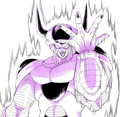  2nd_form_frieza amayuki318 arm_up aura biceps black_horns broad_shoulders commentary_request dragon_ball dragon_ball_z evil_smile frieza hand_up highres horns looking_down muscular muscular_male open_mouth screaming smile thick_arms thick_neck upper_body 