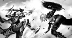  2girls angry armor armored_boots arms_up battle belt belt_buckle between_breasts boots braid breastplate breasts broken_shield buckle clash cloak commentary duel dust elbow_gloves fantasy feet_out_of_frame fingerless_gloves foot_out_of_frame from_side gauntlets glaring gloves greatsword greyscale hair_tie highres holding holding_shield holding_sword holding_weapon hood hood_up jun_(navigavi) kicking knee_pads large_breasts leaning_forward leather leather_armor leather_boots lips long_hair looking_at_another looking_down looking_up making-of_available monochrome motion_blur motion_lines multiple_girls nose original pants parted_lips poleyn puffy_sleeves round_shield shield shirt short_hair short_sword shortsword_(navigavi) single_braid solo standing standing_on_one_leg strap_between_breasts sword thigh_boots two-handed untranslatable_commentary weapon wooden_shield zweihander zweihander_(navigavi) 