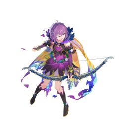  1girl artist_request bare_shoulders bernadetta_von_varley bernadetta_von_varley_(resplendent)_(fire_emblem) boots bow_(weapon) bridal_gauntlets cape detached_sleeves dress fairy fire_emblem fire_emblem:_three_houses fire_emblem_heroes gradient_cape grey_eyes holding holding_bow_(weapon) holding_weapon looking_at_viewer official_alternate_costume plant purple_boots purple_dress purple_hair quiver short_hair shorts solo torn_clothes transparent_background vines weapon yellow_cape yellow_shorts 