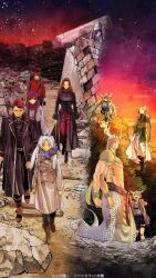  4boys 5girls abe_tsukasa abs axe belt black_coat blindfold blindfold_mask blue_scarf boots braid brown_boots brown_eyes brown_hair coat commentary cover cover_page demon demon_boy demon_girl demon_horns divine_revolte_(sousou_no_frieren) elf extra_arms fern_(sousou_no_frieren) first_class_mage_uniform flying forest frieren fur-trimmed_coat fur_collar fur_trim genau_(sousou_no_frieren) green_eyes green_hair hemmung_(sousou_no_frieren) highres holding holding_sword holding_weapon horns jacket jung_(sousou_no_frieren) lamia_boy long_hair manga_cover mask methode_(sousou_no_frieren) monster_boy multiple_boys multiple_girls muscular nature official_art official_wallpaper outdoors pantyhose pink_eyes pink_hair pink_jacket pointy_ears purple_hair purple_scarf red_coat red_eyes red_hair ruins scarf second-party_source skirt snake_tail solide_(sousou_no_frieren) sousou_no_frieren stark_(sousou_no_frieren) sunset sword tail textless_version violet_eyes weapon white_coat white_hair 