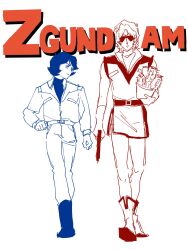  2boys bellhop666 char_aznable commentary_request curtained_hair gundam highres jacket kamille_bidan leon_the_professional lineart male_focus medium_hair multiple_boys open_clothes open_jacket parody quattro_bajeena round_eyewear sketch sunglasses title zeta_gundam 