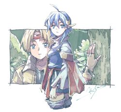 1boy 1girl ahoge blonde_hair blue_eyes blue_hair cape claude_c._kenny crescent crescent_hair_ornament gloves hair_ornament looking_at_viewer michibata_65 outdoors pointy_ears rena_lanford short_hair signature star_ocean star_ocean:_the_second_story 