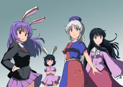  4girls absurdres animal_ears aoiueo black_hair black_jacket blazer blue_dress blue_eyes blue_hat bow bowtie braid carrot_necklace closed_mouth collared_shirt commentary_request constellation_print cross cross_print crossed_arms dress frilled_sleeves frills gradient_background grey_background grey_hair hand_in_pocket hat highres houraisan_kaguya inaba_tewi jacket jewelry long_hair long_skirt long_sleeves looking_at_viewer multiple_girls necklace necktie nurse_cap pendant pink_dress pink_shirt pink_skirt pleated_skirt print_dress print_hat purple_hair rabbit_ears rabbit_girl red_cross red_dress red_eyes red_necktie reisen_udongein_inaba shirt single_braid skirt touhou two-tone_dress very_long_hair white_bow white_bowtie white_shirt wide_sleeves yagokoro_eirin 