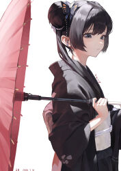  1girl absurdres alternate_costume artist_name black_hair black_kimono blue_archive braid braided_base braided_bun bun_with_braided_base butterfly_hair_ornament chinese_commentary commentary_request dongzhibumian from_side grey_eyes hair_bun hair_ornament highres holding holding_umbrella japanese_clothes kimono kisaki_(blue_archive) long_hair obi oil-paper_umbrella sash simple_background solo twintails umbrella upper_body white_background 