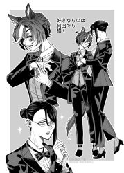  2girls animal_ears ascot bow bowtie commentary_request crossdressing crossdressing_(ftm) earclip eyepatch female_trainer_(umamusume) glasses glove_pull gloves greyscale hand_on_another's_waist high_heels horse_ears horse_girl horse_tail hurutoriouna jacket looking_at_another monochrome multicolored_hair multiple_girls multiple_views open_clothes open_jacket original outline outside_border pants parted_lips short_hair sparkle streaked_hair tail tanino_gimlet_(umamusume) trainer_(umamusume) translation_request umamusume vest 