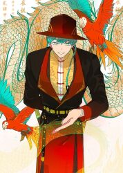  1boy bird bowing braid chinese_clothes chinese_commentary chinese_text commentary_request dragon green_hair grey_eyes hat looking_at_viewer macaw male_focus mawei_(character) original parrot red-and-green_macaw rushi_(mousang) smile solo 