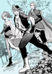  1girl 2boys bare_shoulders black_gloves black_jacket black_pants boots breasts cape dress earrings edgar_roni_figaro final_fantasy final_fantasy_vi full_body gloves hair_ribbon headscarf high_heel_boots high_heels holding holding_sack jacket jewelry locke_cole long_hair low_ponytail medium_breasts monochrome multi-tied_hair multiple_boys outdoors pants parted_bangs parted_lips ponytail print_shirt ribbon sack sash shirt short_dress short_hair single_glove smile strapless strapless_dress terra_branford tube_dress twitter_username uedymummy0921 waist_sash walking white_boots 