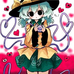  1girl black_eyes black_hat blush bow buttons collared_shirt commentary_request diamond_button disembodied_linked_eye empty_eyes eyeball floral_print four-finger_heart_hands frilled_shirt_collar frilled_sleeves frills green_hair green_skirt hair_between_eyes hat hat_bow heart heart_hands heart_of_string heripantomorrow komeiji_koishi long_hair long_sleeves print_skirt rose_print shirt skirt solo touhou translation_request wide_sleeves yellow_bow yellow_shirt 
