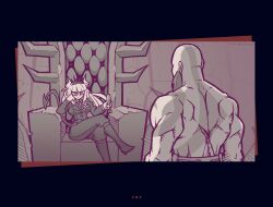  1boy 1girl absurdres arm_rest artist_name bald beard bodypaint boots breasts collared_shirt crossed_legs crossover cup demon_girl demon_horns demon_tail drinking_glass facial_hair from_behind god_of_war_(series) helltaker highres holding holding_cup horns kratos_(god_of_war) long_hair looking_at_another lucifer_(helltaker) medium_breasts mole mole_under_eye muscular muscular_male on_throne ringed_eyes shirt sitting suit tail tardyislazy tattoo throne vanripper_(style) wine_glass 