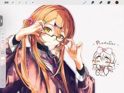  1boy 1girl androgynous art_program_in_frame blonde_hair blush-framed_glasses blush_stickers brown_sweater collared_shirt commentary_request degrees_of_lewdity diagonal-striped_clothes diagonal-striped_necktie doodle_inset double-parted_bangs fingernails glasses hahqnbxhevcyrsj hair_between_eyes hair_ornament hair_scrunchie hairclip hands_up head_tilt high_collar highres layered_sleeves long_hair long_sidelocks looking_at_viewer male_focus necktie nose_pads parallel_hairclips pink_necktie pink_scrunchie player_character_(degrees_of_lewdity) player_character_(female)_(degrees_of_lewdity) procreate_(software) scrunchie semi-rimless_eyewear shirt side_ponytail sidelocks simple_background smile striped_clothes striped_necktie sweatdrop sweater sydney sydney_(degrees_of_lewdity) sydney_(male)_(degrees_of_lewdity) text_hair_ornament tie_clip under-rim_eyewear upper_body v-neck white_background white_shirt yellow-framed_eyewear yellow_eyes 