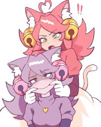  2girls absurdres ahoge animal_ears bell bell_ear_ornament cat_ears cat_girl cat_tail cutie_mew_mew_magic_(deltarune) deltarune dress dual_persona ghost_pink_(deltarune) gloves gold_bell green_eyes grey_hair hair_bell hair_ornament heart heart_locket heart_necklace heart_pendant highres jewelry locket mad_mew_mew multiple_girls necklace open_mouth pendant pink_dress pink_frills pink_hair purple_hair simple_background szmoresz tail tutu utdr_(toby_fox) white_background white_gloves 