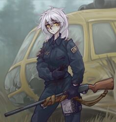  aircraft bad_source black_gloves blood blood_stain breasts broken_glass glass gloves gun gun_sling hand_on_own_stomach helicopter highres holding holding_gun holding_weapon injury long_sleeves looking_to_the_side nervous_sweating notebook original outdoors pale_skin parted_lips post-apocalypse shotgun shoulder_boards small_breasts soldier sweat teeth thigh_strap torn_clothes weapon weapon_request white_hair yellow_eyes zap-nik zipper_pull_tab 