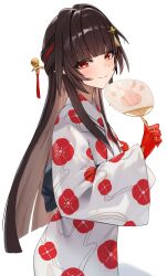  1girl absurdres blunt_bangs brown_hair colored_extremities commentary_request floral_print hair_ornament hand_fan highres honkai:_star_rail honkai_(series) hoshikemuri japanese_clothes jewelry kimono lingsha_(honkai:_star_rail) long_hair obi orange_eyes pointy_ears red_hands ring sash smile white_kimono 