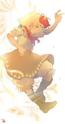  1girl animal_on_head arm_up baby_animal backlighting bird bird_on_head bird_tail blonde_hair bloomers blush boots brown_boots chick commentary feathered_wings from_side full_body grey_shirt hand_up highres kokechankokko medium_hair multicolored_hair neckerchief niwatari_kutaka on_head orange_skirt profile puffy_short_sleeves puffy_sleeves red_hair red_neckerchief shirt short_sleeves sideways_glance skirt smile solo tail touhou two-tone_hair untranslatable_commentary white_background wings 