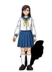  1girl black_eyes black_shoes blue_sailor_collar blue_skirt brown_hair drop_shadow girl_a_(let's_go_kaikigumi) let's_go_kaikigumi loafers long_hair looking_at_viewer neckerchief official_art pleated_skirt sailor_collar sanpaku school_uniform serafuku shadow shirt shoes skirt smile socks solo straight-on tachi-e transparent_background white_shirt white_socks yellow_neckerchief 