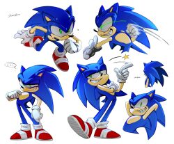  ... 1boy animal_ears blue_fur furry furry_male gloves green_eyes grin hedgehog_boy highres jazzebee male_focus multicolored_shoes multiple_views red_shoes shoes smile solo sonic_(series) sonic_the_hedgehog speech_bubble tail white_gloves 