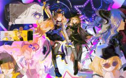  4girls animal_ears arknights arknights:_endfield arm_up bang_dream! bang_dream!_it's_mygo!!!!! baseball_cap black_dress black_gloves black_hair black_hat black_shoes black_thighhighs blonde_hair blue_hair closed_mouth curled_horns demon_tail dog_ears dog_girl dress endministrator_(arknights) female_endministrator_(arknights) full_body gloves hairband hat high_heels highres horns idol in-franchise_crossover komeokun liino_(arknights) long_hair looking_at_viewer medium_hair misumi_uika misumi_uika_(caged_singer) multicolored_horns multiple_girls multiple_views one_eye_closed open_mouth outstretched_arms partially_fingerless_gloves pointy_ears purple_gloves purple_hairband purple_horns sasaki_rico shoes short_hair shrug_(clothing) smile standing standing_on_one_leg star-shaped_pupils star_(symbol) sunglasses symbol-shaped_pupils tail thigh-highs togawa_sakiko togawa_sakiko_(master_of_melodia) two-tone_horns violet_eyes voice_actor_connection white_shrug 