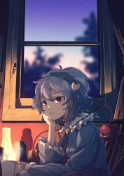  1girl blouse blue_shirt candle chair commentary_request disembodied_linked_eye eyeball gradient_sky hair_ornament hairband heart heart_hair_ornament highres komeiji_satori looking_to_the_side night pink_eyes pink_hair ribbon-trimmed_collar ribbon_trim shirt sky solo star_(sky) starry_sky studying tami_(joemanyodw) touhou window 