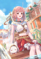  1girl angel_statue animal arabian_clothes armlet bare_arms bare_shoulders beads belt blue_sky bracelet braid cat city cloak closed_eyes closed_mouth clothed_animal clouds commentary_request crop_top ear_covers feet_out_of_frame fingernails flower fountain garden gold_armlet gold_belt gold_bracelet hair_beads hair_ornament hair_through_hood hair_tubes hairband hand_on_own_leg happy headband highres hood hood_up hooded_cloak in-universe_location infinity_nikki jewelry knees kohanai_setsuna layered_skirt light_particles medium_hair medium_skirt midriff momo_(nikki) momo_(zephyr)_(infinity_nikki) multicolored_hairband multicolored_headband multiple_bracelets nikki_(nikki) nikki_(series) official_alternate_costume pink_flower pink_hair purifying_wind_(infinity_nikki) red_skirt ribs shirt side_braids skirt sky sleeveless sleeveless_shirt soaking_feet star_(symbol) whiskers white_cat white_cloak white_shirt 
