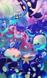  beak black_eyes black_sclera blue_eyes blue_sclera blue_skin chikafuji clobbopus colored_sclera colored_skin commentary_request fangs grapploct highres inkay malamar no_humans octillery octopus omanyte omastar open_mouth pokemon pokemon_(creature) pokemon_focus shell slit_pupils squid swimming tentacles underwater upside-down yellow_eyes 