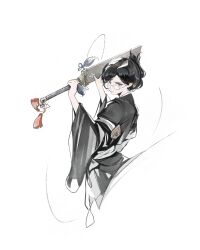  1girl absurdres black_hair black_kimono bleach closed_mouth glasses grey_eyes highres holding holding_sword holding_weapon ise_nanao japanese_clothes kanji_(nievart) kimono looking_at_viewer medium_hair parted_bangs shihakusho solo sword tassel updo upper_body weapon white_background 