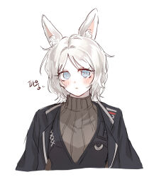  1girl animal_ear_fluff animal_ears commentary_request eyelashes faust_(project_moon) grey_sweater h_e1215 highres jacket jacket_on_shoulders kemonomimi_mode korean_commentary limbus_company looking_at_viewer project_moon rabbit_ears rabbit_girl simple_background solo sweater turtleneck turtleneck_sweater upper_body white_background white_hair wide-eyed 