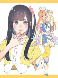  2girls :d absurdres ahoge animification arm_up ayasaki_honon black_hair blue_bow blue_bowtie blue_shirt blue_socks boots bow bowtie brooch collarbone collared_shirt commentary_request cropped_jacket cropped_shirt dou-da?_doing! fold-over_boots fujiwaland grey_eyes grin hair_ornament highres ikizulive!_love_live!_bluebird jacket jewelry l_hand leg_up looking_at_viewer love_live! midriff multiple_girls navel one_side_up open_clothes open_jacket open_mouth orange_eyes orange_hair pinstripe_jacket pinstripe_pattern pleated_skirt real_life shirt short-sleeved_jacket short_sleeves simple_background skirt smile socks standing standing_on_one_leg star_brooch takahashi_polka thigh-highs voice_actor voice_actor_connection what_is_my_life?_(love_live!) white_background white_boots white_shirt white_skirt wing_hair_ornament yellow_jacket yellow_thighhighs 