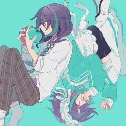  2boys apple apron aqua_background aqua_necktie aqua_streaks black_shorts brown_pants commentary_request crossdressing crossdressing_(mtf) dual_persona food frilled_apron frilled_hairband frills fruit hair_ornament hairband hands_up holding holding_food holding_fruit jersey_maid kamishiro_rui kamishiro_rui_(middle_school) knees_up leg_warmers long_sleeves loose_necktie maid maid_apron male_focus male_maid medium_hair multicolored_hair multiple_boys necktie no_shoes one_side_up pants parted_lips plaid_clothes plaid_pants profile project_sekai purple_hair qirixinzhi shirt shoes short_hair shorts simple_background sleeves_rolled_up socks streaked_hair tensei_ringo_(vocaloid) unconventional_maid upside-down white_apron white_leg_warmers white_shirt white_shoes white_socks wing_hair_ornament yellow_eyes 