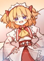  1girl :d ascot blonde_hair blush bow commentary_request fairy fairy_wings fang hair_bow hands_on_own_hips headdress highres illust_atelier3 long_sleeves looking_at_viewer medium_hair one-hour_drawing_challenge red_bow red_skirt shirt signature skirt smile solo sunny_milk touhou violet_eyes watermark white_shirt wide_sleeves wings yellow_ascot 