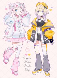  2girls ;) ahoge bandaid bandaid_on_knee bandaid_on_leg bare_shoulders black_gloves black_shirt black_shorts blonde_hair blue_eyes blue_hair blunt_bangs blush cat_o-ring character_request choker closed_mouth commentary_request croix_(croixtw) crop_top cropped_shirt crossed_bandaids crossed_bangs dot_nose double-parted_bangs full_body gloves grey_leg_warmers grid_background hair_between_eyes hair_intakes hat heart highres jacket kneehighs leg_warmers long_hair long_sleeves looking_at_viewer midriff miniskirt multiple_girls nail_polish navel nijisanji o-ring o-ring_thigh_strap one_eye_closed open_clothes open_jacket pink_background pink_choker pink_hair pink_shoes pink_skirt pink_socks purple_hair purple_nails shirt shoes shorts single_glove single_thighhigh skirt smile socks standing standing_on_one_leg thigh-highs thigh_strap twintails violet_eyes virtual_youtuber white_shirt white_thighhighs yellow_hat yellow_jacket yellow_shoes 