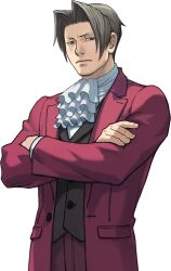  1boy ace_attorney ascot black_vest closed_mouth commentary crossed_arms curtained_hair edaki_shin'ya english_commentary formal_clothes frown grey_eyes grey_hair hair_intakes jacket long_sleeves looking_at_viewer male_focus miles_edgeworth official_art open_clothes pants parted_bangs phoenix_wright:_ace_attorney red_jacket red_pants red_suit short_hair simple_background solo standing suit third-party_source transparent_background vest white_ascot 