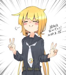  1girl :> =_= belt black_sailor_collar black_shirt blonde_hair blush blush_stickers closed_eyes closed_mouth collared_shirt commentary_request dated double_v empty_eyes grey_belt highres kantai_collection long_hair long_sleeves makkusu_(max_101010) necktie sailor_collar satsuki_(kancolle) shirt simple_background smile solo split_mouth translation_request twintails upper_body v white_background white_necktie 