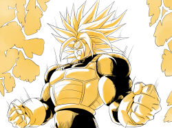  amayuki318 angry aura blank_eyes blonde_hair bodysuit broad_shoulders clenched_hands clenched_teeth dragon_ball dragon_ball_z gloves gradient_background highres long_hair muscular muscular_male parted_bangs parted_hair pectorals saiyan_armor spiky_hair super_saiyan teeth thick_neck trunks_(dragon_ball) trunks_(future)_(dragon_ball) upper_body white_gloves yellow_background 